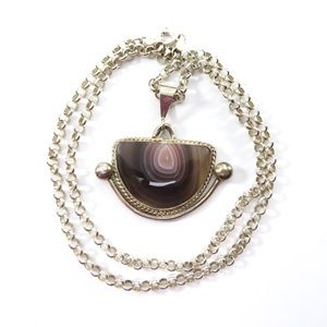 Banded Agate Pendant Necklace, Sterling, Signed